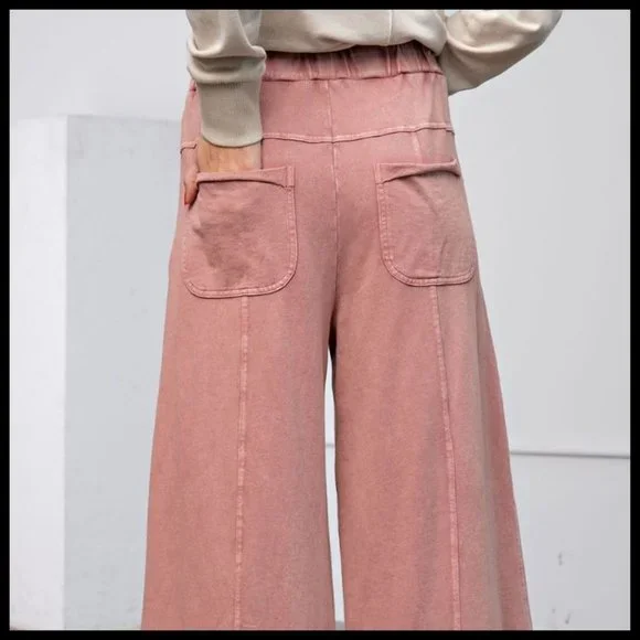 EASEL "Perfect Cargo" Terry Knit Mineral Washed Flared Leg Pants Raw Hem & Seams - Picture 6 of 14